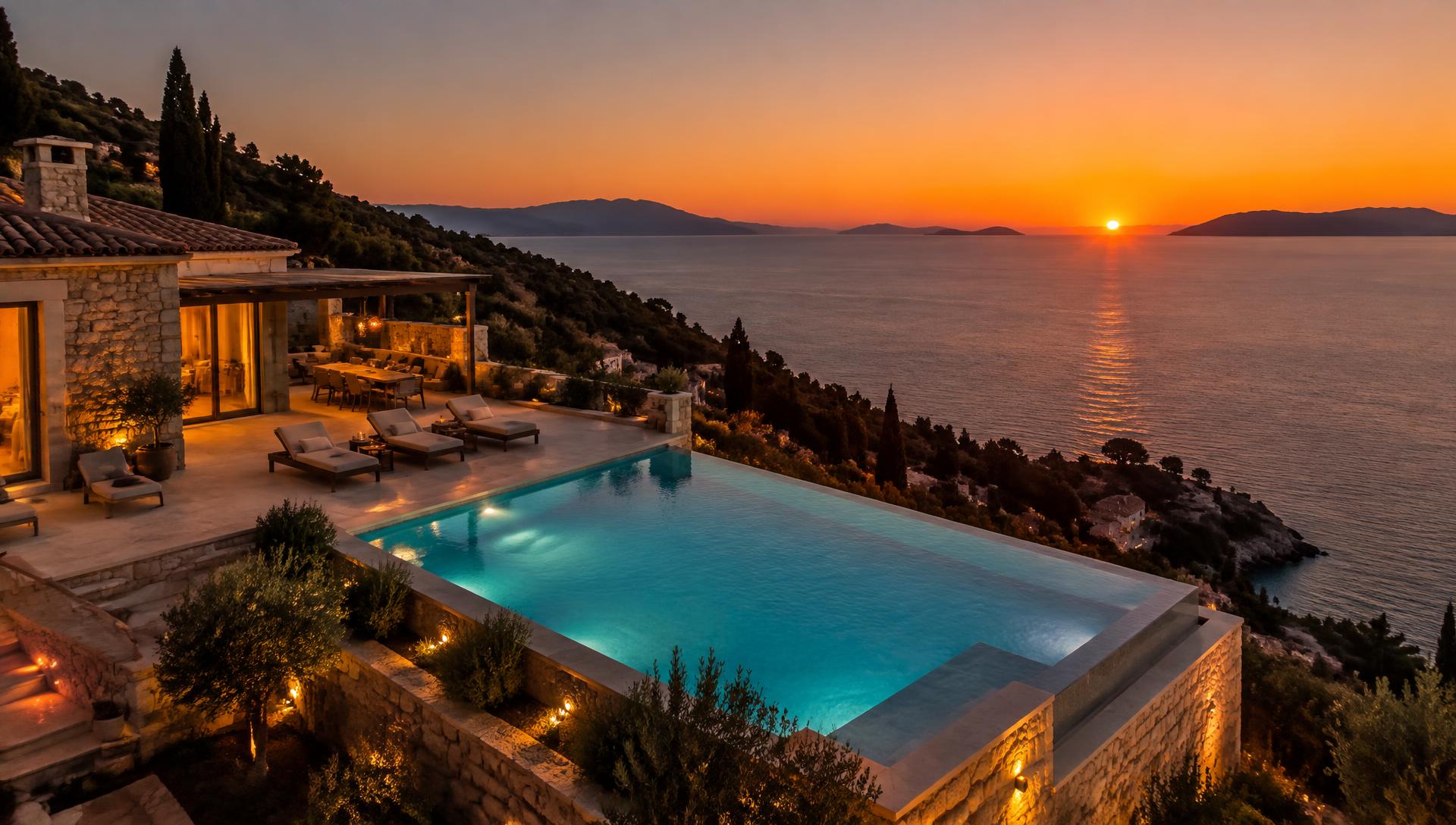 Villa mediterránea con piscina iluminada al atardecer, vista aérea