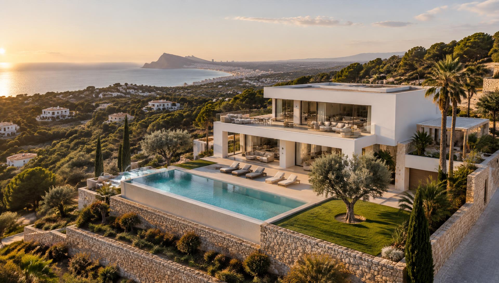 Vista aérea de una villa mediterránea con piscina y parcela en la Costa Valenciana